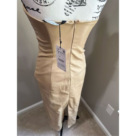 ZARA Tan Faux Leather Strapless Midi Dress S - Picture 6 of 14